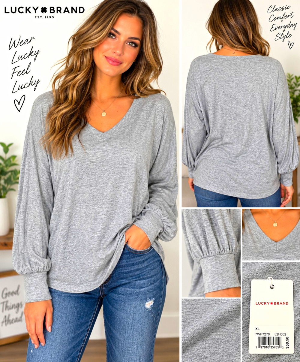 Lucky Brand Womens XL Gray Long Sleeve V Neck Soft Stretch Top NWT $59.50